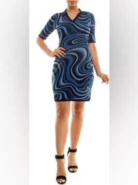 Nina Leonard Blue Swirl Ponte Knit Collared Sheath Dress